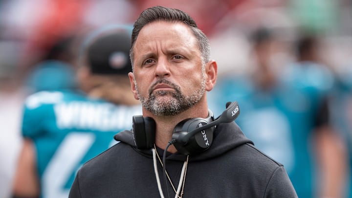 September 28, 2025; Santa Clara, California, USA; Jacksonville Jaguars defensive coordinator Anthony Campanile before the game against the San Francisco 49ers at Levi's Stadium. Mandatory Credit: Kyle Terada-Imagn Images