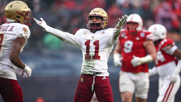 Dec 28, 2024; Bronx, NY, USA; Boston College Eagles wide receiver Lewis Bond (11) reacts after a reception during the first half against the Nebraska Cornhuskers at Yankee Stadium. Mandatory Credit: Vincent Carchietta-Imagn Images