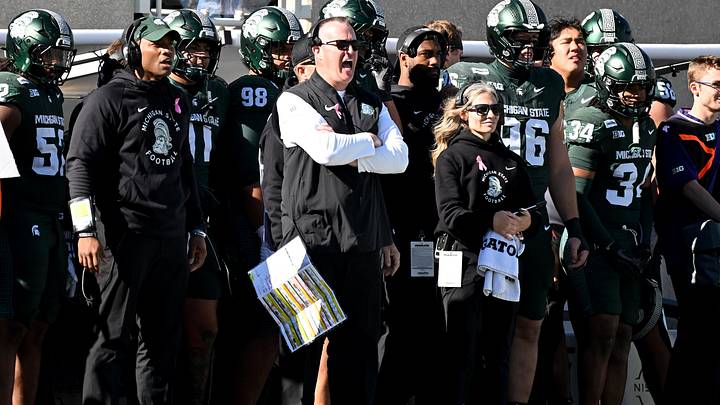 Oct 17, 2026; East Lansing, Michigan, USA;  Michigan State Spartans head coach Pat Fitzgerald shouts after a call he did not like during the fourth quarter against the Northwestern Wildcats at Spartan Stadium.  Mandatory Credit: Dale Young-Imagn Images
