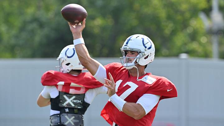 Indianapolis Colts quarterback Daniel Jones (17) throws a pass during training camp at Gillette Stadium. Indianapolis Colts quarterback Daniel Jones (17) throws a pass during training camp at Gillette Stadium.