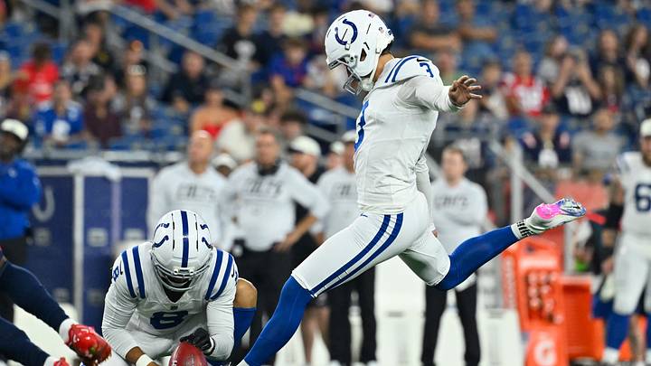 Indianapolis Colts place kicker Spencer Shrader (3) kicks a field goal against the New England Patriots during the second half at Gillette Stadium. Indianapolis Colts place kicker Spencer Shrader (3) kicks a field goal against the New England Patriots during the second half at Gillette Stadium.