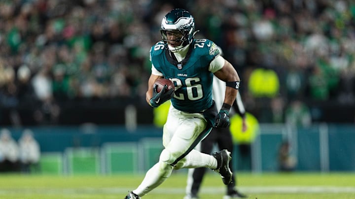 Nov 14, 2024; Philadelphia, Pennsylvania, USA; Philadelphia Eagles running back Saquon Barkley (26) in action against the Washington Commanders at Lincoln Financial Field. Mandatory Credit: Bill Streicher-Imagn Images Nov 14, 2024; Philadelphia, Pennsylvania, USA; Philadelphia Eagles running back Saquon Barkley (26) in action against the Washington Commanders at Lincoln Financial Field. Mandatory Credit: Bill Streicher-Imagn Images