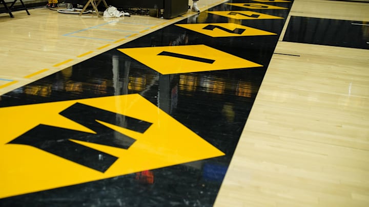 Dec 3, 2023; Columbia, Missouri, USA; A general view of the end court logo prior to a game between the Missouri Tigers and Wichita State Shockers at Mizzou Arena. Mandatory Credit: Denny Medley-Imagn Images