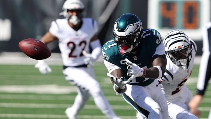 Oct 27, 2024; Cincinnati, Ohio, USA;  Philadelphia Eagles wide receiver A.J. Brown (11) catches a pass during the first quarter against the Cincinnati Bengals at Paycor Stadium. Mandatory Credit: Joseph Maiorana-Imagn Images
