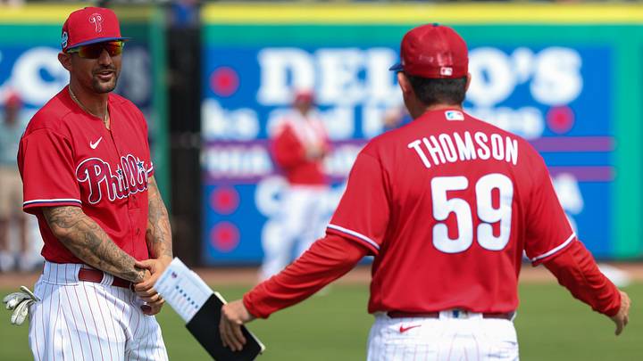 Feb 28, 2023; Clearwater, Florida, USA; Philadelphia Phillies right fielder Nick Castellanos (8) talks to manager Rob Thomson (59) before a game against the Toronto Blue Jays during spring training at BayCare Ballpark. Mandatory Credit: Nathan Ray Seebeck-Imagn Images Feb 28, 2023; Clearwater, Florida, USA; Philadelphia Phillies right fielder Nick Castellanos (8) talks to manager Rob Thomson (59) before a game against the Toronto Blue Jays during spring training at BayCare Ballpark. Mandatory Credit: Nathan Ray Seebeck-Imagn Images