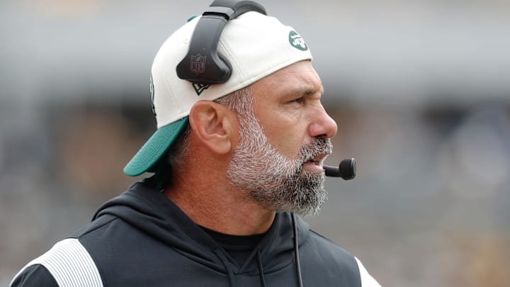 Oct 2, 2022; Pittsburgh, Pennsylvania, USA;  New York Jets defensive coordinator Jeff Ulbrich on the sidelines against the Pittsburgh Steelers during the second quarter at Acrisure Stadium. Mandatory Credit: Charles LeClaire-Imagn Images