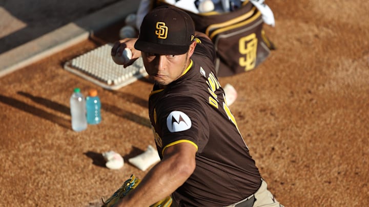 San Diego Padres pitcher Yu Darvish (11) warms up before game two against the Los Angeles Dodgers in the NLDS for the 2024 MLB Playoffs at Dodger Stadium on Oct. 6, 2024.