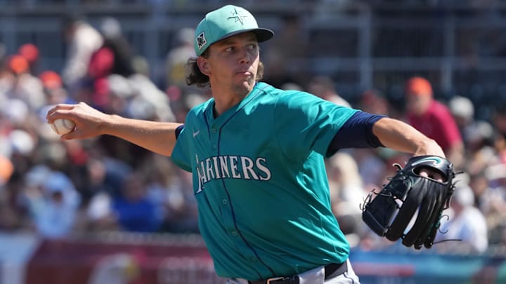 Seattle Mariners pitcher Logan Gilbert throws during a spring training game against the San Francisco Giants on March 15 at Scottsdale Stadium.
