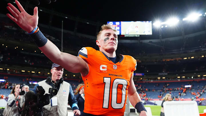 Dec 15, 2024; Denver, Colorado, USA; Denver Broncos quarterback Bo Nix (10) following the game against the Indianapolis Colts at Empower Field at Mile High. Dec 15, 2024; Denver, Colorado, USA; Denver Broncos quarterback Bo Nix (10) following the game against the Indianapolis Colts at Empower Field at Mile High.
