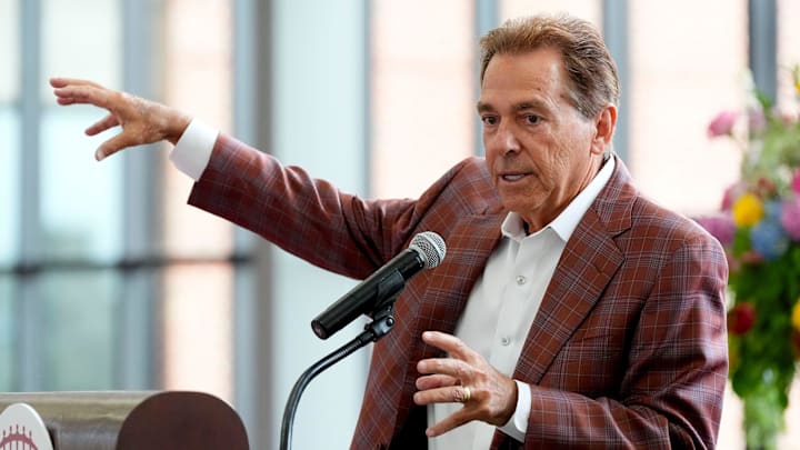 Aug. 5, 2025; Tuscaloosa, AL, USA; Nick Saban speaks during the Nick’s Kids Foundation Luncheon at Bryant-Denny Stadium.
