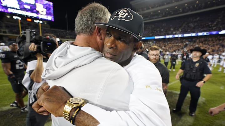 Oct 4, 2025; Fort Worth, Texas, USA; TCU Horned Frogs head coach Sonny Dykes and Colorado Buffaloes head coach Deion Sanders hug following a game at Amon G. Carter Stadium. Mandatory Credit: Raymond Carlin III-Imagn Images Oct 4, 2025; Fort Worth, Texas, USA; TCU Horned Frogs head coach Sonny Dykes and Colorado Buffaloes head coach Deion Sanders hug following a game at Amon G. Carter Stadium. Mandatory Credit: Raymond Carlin III-Imagn Images