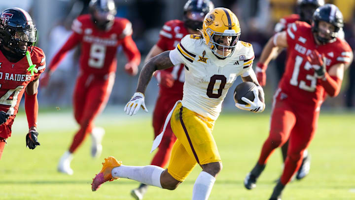 Oct 18, 2025; Tempe, Arizona, USA; Arizona State Sun Devils wide receiver Jordyn Tyson (0) against the Texas Tech Red Raiders in the second half at Mountain America Stadium. Mandatory Credit: Mark J. Rebilas-Imagn Images Oct 18, 2025; Tempe, Arizona, USA; Arizona State Sun Devils wide receiver Jordyn Tyson (0) against the Texas Tech Red Raiders in the second half at Mountain America Stadium. Mandatory Credit: Mark J. Rebilas-Imagn Images