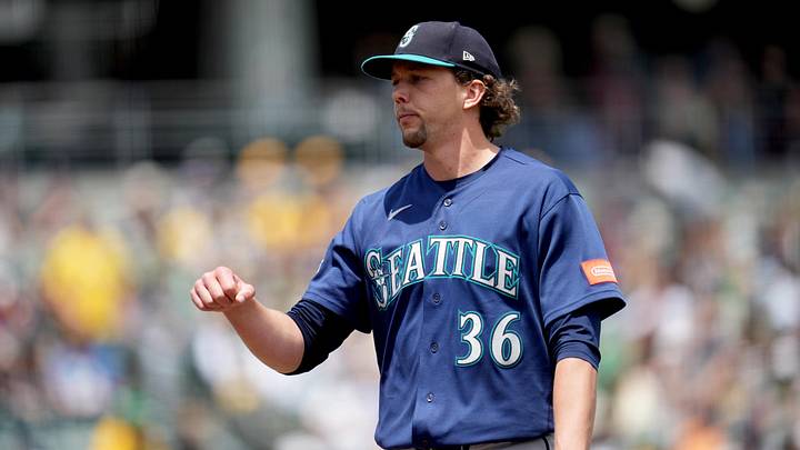 May 27, 2026; West Sacramento, California, USA; Seattle Mariners pitcher Logan Gilbert (36) walks towards the dugout after recording an out against the Athletics in the first inning at Sutter Health Park. Mandatory Credit: Cary Edmondson-Imagn Images