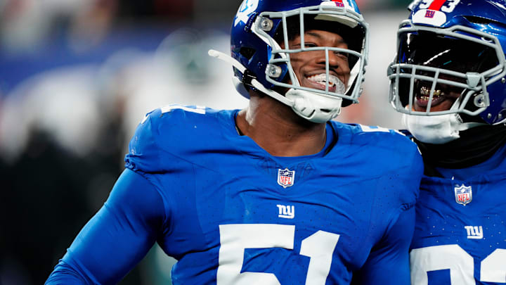 New York Giants free agent Azeez Ojulari smiles during a win over the Philadelphia Eagles New York Giants free agent Azeez Ojulari smiles during a win over the Philadelphia Eagles
