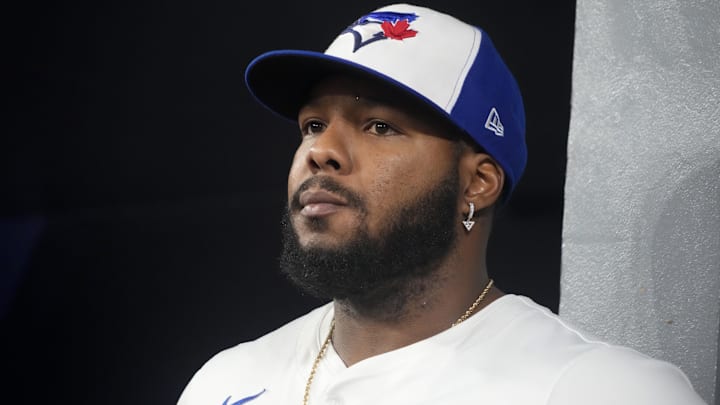 Toronto Blue Jays first baseman Vladimir Guerrero Jr. (27) looks on before game seven against the Seattle Mariners in the ALCS round for the 2025 MLB playoffs at Rogers Centre. Toronto Blue Jays first baseman Vladimir Guerrero Jr. (27) looks on before game seven against the Seattle Mariners in the ALCS round for the 2025 MLB playoffs at Rogers Centre.