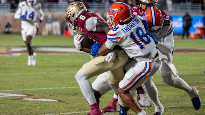 The Florida Gators lead the Florida State Seminoles 14-0 at the half on Saturday, Nov. 30, 2024.