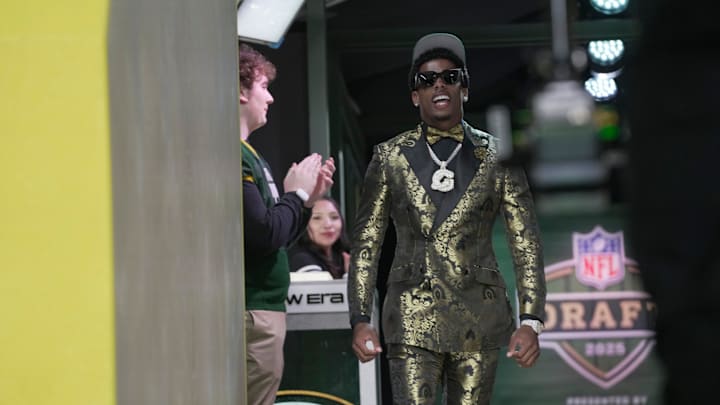 Wide receiver Matthew Golden of Texas heads to the stage after being selected by the Green Bay Packers.