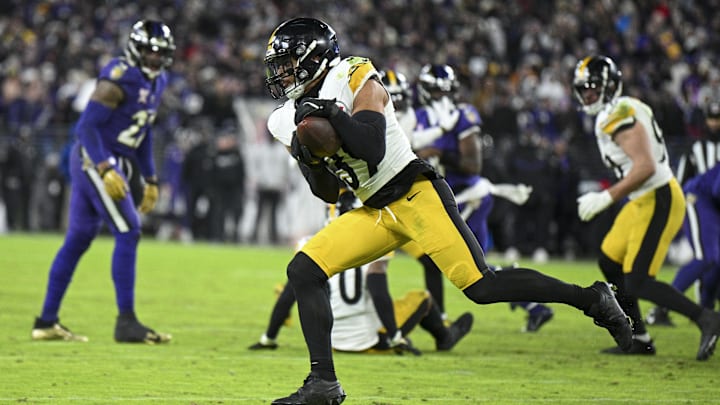 Dec 21, 2024; Baltimore, Maryland, USA;  Pittsburgh Steelers safety Minkah Fitzpatrick (39) intercepts a pass during the second half against the Baltimore Ravens at M&T Bank Stadium. Mandatory Credit: Tommy Gilligan-Imagn Images