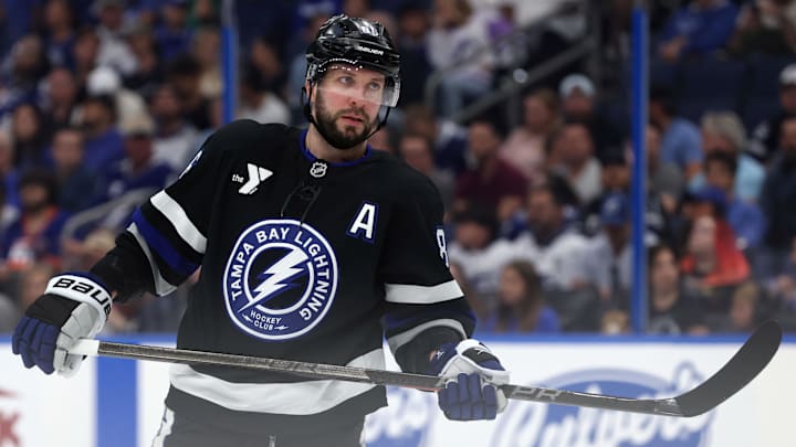 Tampa Bay Lightning right wing Nikita Kucherov looks on against the New York Islanders.
