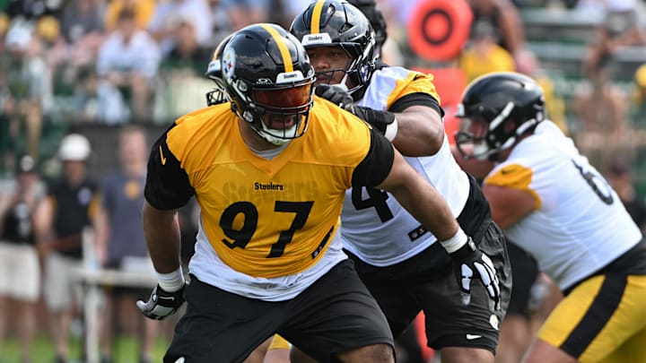 Jul 25, 2025; Pittsburgh, PA, USA; Pittsburgh Steelers defensive tackle Cameron Heyward (97) participates in drills during training camp at Saint Vincent College. Mandatory Credit: Barry Reeger-Imagn Images