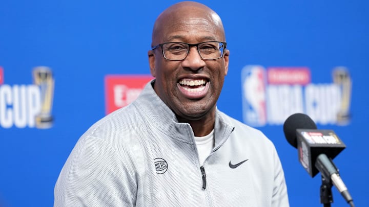 Dec 16, 2025; Las Vegas, Nevada, USA; New York Knicks Head Coach Mike Brown at press conference prior to the Emirates NBA Cup Final against the San Antonio Spurs at T-Mobile Arena.