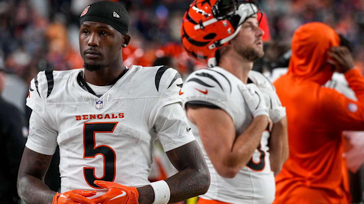 Cincinnati Bengals wide receiver Tee Higgins (5) walks the sideline in the fourth quarter of the NFL Week 4 Monday Night Football game between the Denver Broncos and the Cincinnati Bengals at Empower Field at Mile High in Denver on Monday, Sept. 29, 2025. The Bengals fell to 2-2 with a 28-3 loss to the Broncos. Cincinnati Bengals wide receiver Tee Higgins (5) walks the sideline in the fourth quarter of the NFL Week 4 Monday Night Football game between the Denver Broncos and the Cincinnati Bengals at Empower Field at Mile High in Denver on Monday, Sept. 29, 2025. The Bengals fell to 2-2 with a 28-3 loss to the Broncos.
