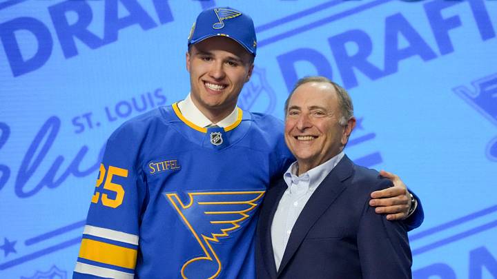 Jun 27, 2025; Los Angeles, California, USA; Justin Carbonneau is selected as the 19th overall pick to the St. Louis Blues in the first round of the 2025 NHL Draft at Peacock Theater. Mandatory Credit: Kirby Lee-Imagn Images Jun 27, 2025; Los Angeles, California, USA; Justin Carbonneau is selected as the 19th overall pick to the St. Louis Blues in the first round of the 2025 NHL Draft at Peacock Theater. Mandatory Credit: Kirby Lee-Imagn Images