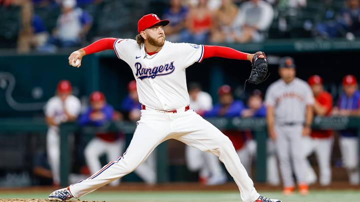 Aug 3, 2026; Arlington, Texas, USA; Texas Rangers pitcher Nolan Kingham (58) pitches during the ninth inning against the San Francisco Giants at Globe Life Field. Mandatory Credit: Andrew Dieb-Imagn Images Aug 3, 2026; Arlington, Texas, USA; Texas Rangers pitcher Nolan Kingham (58) pitches during the ninth inning against the San Francisco Giants at Globe Life Field. Mandatory Credit: Andrew Dieb-Imagn Images