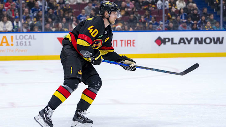 Dec 23, 2024; Vancouver, British Columbia, CAN; Vancouver Canucks forward Elias Pettersson (40) skates against the San Jose Sharks during the first period at Rogers Arena. Mandatory Credit: Bob Frid-Imagn Images