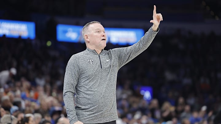 Mar 10, 2025; Oklahoma City, Oklahoma, USA; Denver Nuggets head coach Michael Malone gestures to his team during a play against the Oklahoma City Thunder during the second quarter at Paycom Center. Mandatory Credit: Alonzo Adams-Imagn Images