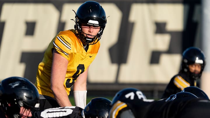 Iowa quarterback Hank Brown (9) calls a play during practice April 9, 2026 in Iowa City, Iowa.