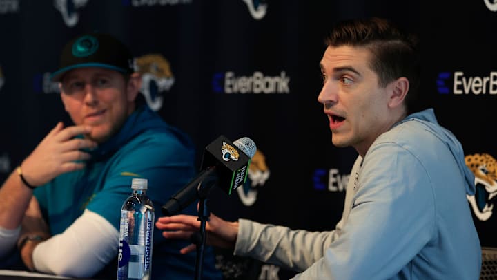 Jacksonville Jaguars general manager James Gladstone, right, speaks next to head coach Liam Coen during a press conference at Miller Electric Center Tuesday, April 15, 2025 in Jacksonville, Fla. [Corey Perrine/Florida Times-Union]