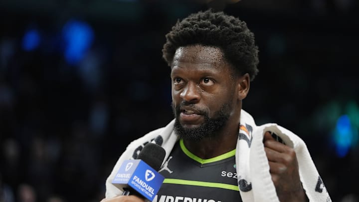 Mar 17, 2026; Minneapolis, Minnesota, USA; Minnesota Timberwolves forward Julius Randle (30) answers questions from a reporter after the game with the Phoenix Suns at Target Center. Mandatory Credit: Bruce Kluckhohn-Imagn Images
