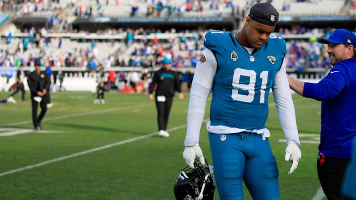Jacksonville Jaguars defensive tackle Arik Armstead (91) walks off the field after the game of an NFL football AFC Wild Card playoff matchup, Sunday, Jan. 11, 2026, in Jacksonville, Fla. The Bills defeated the Jaguars 27-24. [Corey Perrine/Florida Times-Union]