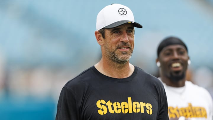 Aug 9, 2025; Jacksonville, Florida, USA; Pittsburgh Steelers quarterback Aaron Rodgers (8) before the game against the Jacksonville Jaguars at EverBank Stadium. Mandatory Credit: Morgan Tencza-Imagn Images