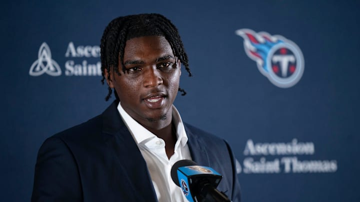 Cam Ward fields questions after being introduced as the Tennessee Titans first-round pick – and overall number one pick – in the NFL Draft at Ascension Saint Thomas Sports Park in Nashville, Tenn., Friday, April 25, 2025.