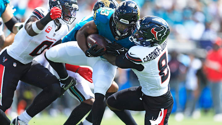 Jacksonville Jaguars running back Bhayshul Tuten is tackled by CJ Gardner-Johnson earlier this season. Jacksonville Jaguars running back Bhayshul Tuten is tackled by CJ Gardner-Johnson earlier this season.