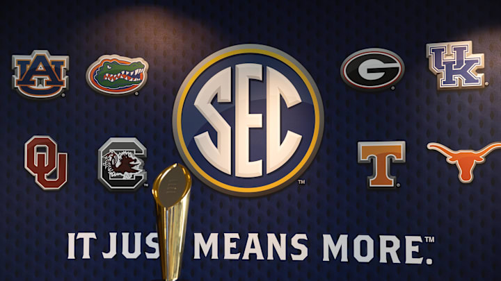 Jul 16, 2024; Dallas, TX, USA; The National Championship trophy at Omni Dallas Hotel. Mandatory Credit: Brett Patzke-Imagn Images