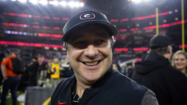 Jan 9, 2023; Inglewood, CA, USA; Georgia Bulldogs head coach Kirby Smart celebrates after defeating the TCU Horned Frogs during the CFP national championship game at SoFi Stadium. Mandatory Credit: Mark J. Rebilas-Imagn Images Jan 9, 2023; Inglewood, CA, USA; Georgia Bulldogs head coach Kirby Smart celebrates after defeating the TCU Horned Frogs during the CFP national championship game at SoFi Stadium. Mandatory Credit: Mark J. Rebilas-Imagn Images