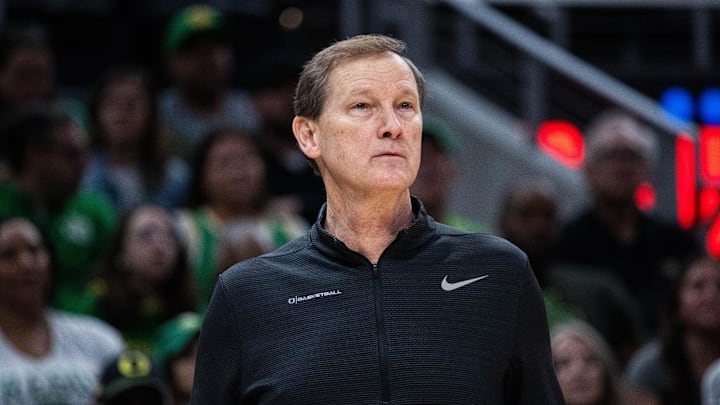 Mar 14, 2025; Indianapolis, IN, USA; Oregon Ducks head coach Dana Altman in the first half against the Michigan State Spartans at Gainbridge Fieldhouse. Mandatory Credit: Trevor Ruszkowski-Imagn Images