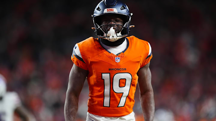 Jan 17, 2026; Denver, CO, USA; Denver Broncos wide receiver Marvin Mims Jr. (19) reacts after a play during overtime of an AFC Divisional Round playoff game against the Buffalo Bills at Empower Field at Mile High. Mandatory Credit: Ron Chenoy-Imagn Images