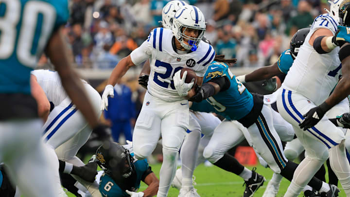 Indianapolis Colts running back Jonathan Taylor (28) runs the ball during the first quarter of an NFL football game at EverBank Stadium, Sunday, Dec. 7, 2025, in Jacksonville, Fla. The Jaguars defeated the Colts 36-19.
