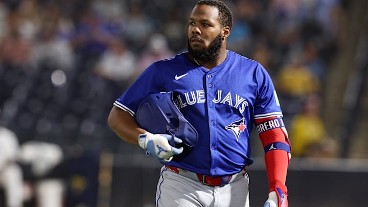 Sep 17, 2025; Tampa, Florida, USA; Toronto Blue Jays designated hitter Vladimir Guerrero Jr. (27) looks on against the Tampa Bay Rays in the sixth inning at George M. Steinbrenner Field Sep 17, 2025; Tampa, Florida, USA; Toronto Blue Jays designated hitter Vladimir Guerrero Jr. (27) looks on against the Tampa Bay Rays in the sixth inning at George M. Steinbrenner Field