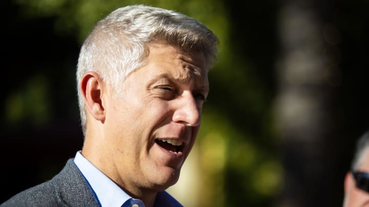 Nov 7, 2023; Scottsdale, AZ, USA; Baltimore Orioles general manager Mike Elias speaks to the media during the MLB General Manager's Meetings at Omni Scottsdale Resort & Spa