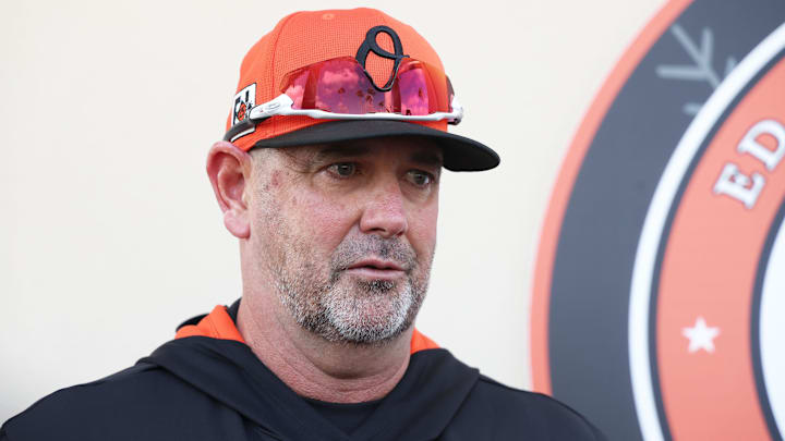 Feb 13, 2025; Sarasota, FL, USA; Baltimore Orioles manager Brandon Hyde talks with media during spring training workouts at Ed Smith Stadium.