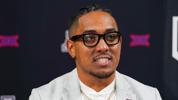 Jul 9, 2025; Frisco, TX, USA; Arizona quarterback Noah Fifita speaks with the media during 2025 Big 12 Football Media Days at The Star. Mandatory Credit: Raymond Carlin III-Imagn Images