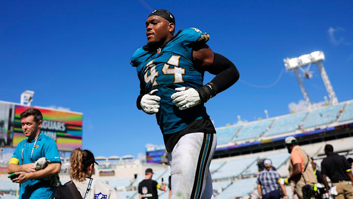 Jacksonville Jaguars defensive end Travon Walker (44) runs off the field after the game of an NFL football matchup at EverBank Stadium, Sunday, Sept. 21, 2025, in Jacksonville, Fla. The Jaguars defeated the Texans 17-10.