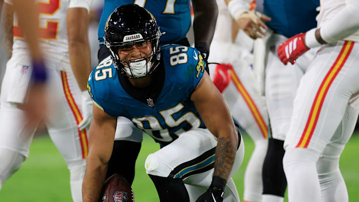 Jacksonville Jaguars tight end Brenton Strange (85) gets to his feet during the first quarter of an NFL football matchup at EverBank Stadium, Monday, Oct. 6, 2025, in Jacksonville, Fla. The Jacksonville Jaguars edged the Kansas City Chiefs 31-28. [Corey Perrine/Florida Times-Union]