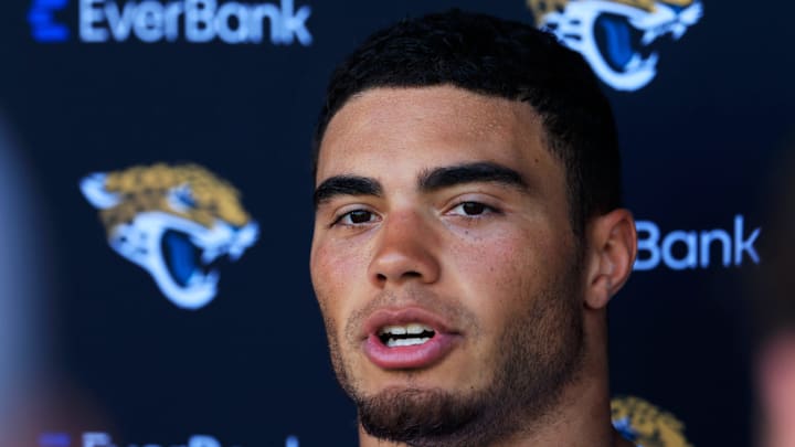 Jacksonville Jaguars tight end Brenton Strange (85) answers questions from the media after an NFL training camp session at the Miller Electric Center, Wednesday, Aug. 6, 2025, in Jacksonville, Fla. [Corey Perrine/Florida Times-Union]