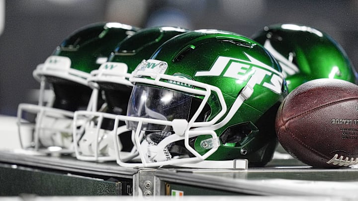 Aug 17, 2024; Charlotte, North Carolina, USA; New York Jets helmets during the second half against the Carolina Panthers at Bank of America Stadium. Mandatory Credit: Jim Dedmon-Imagn Images